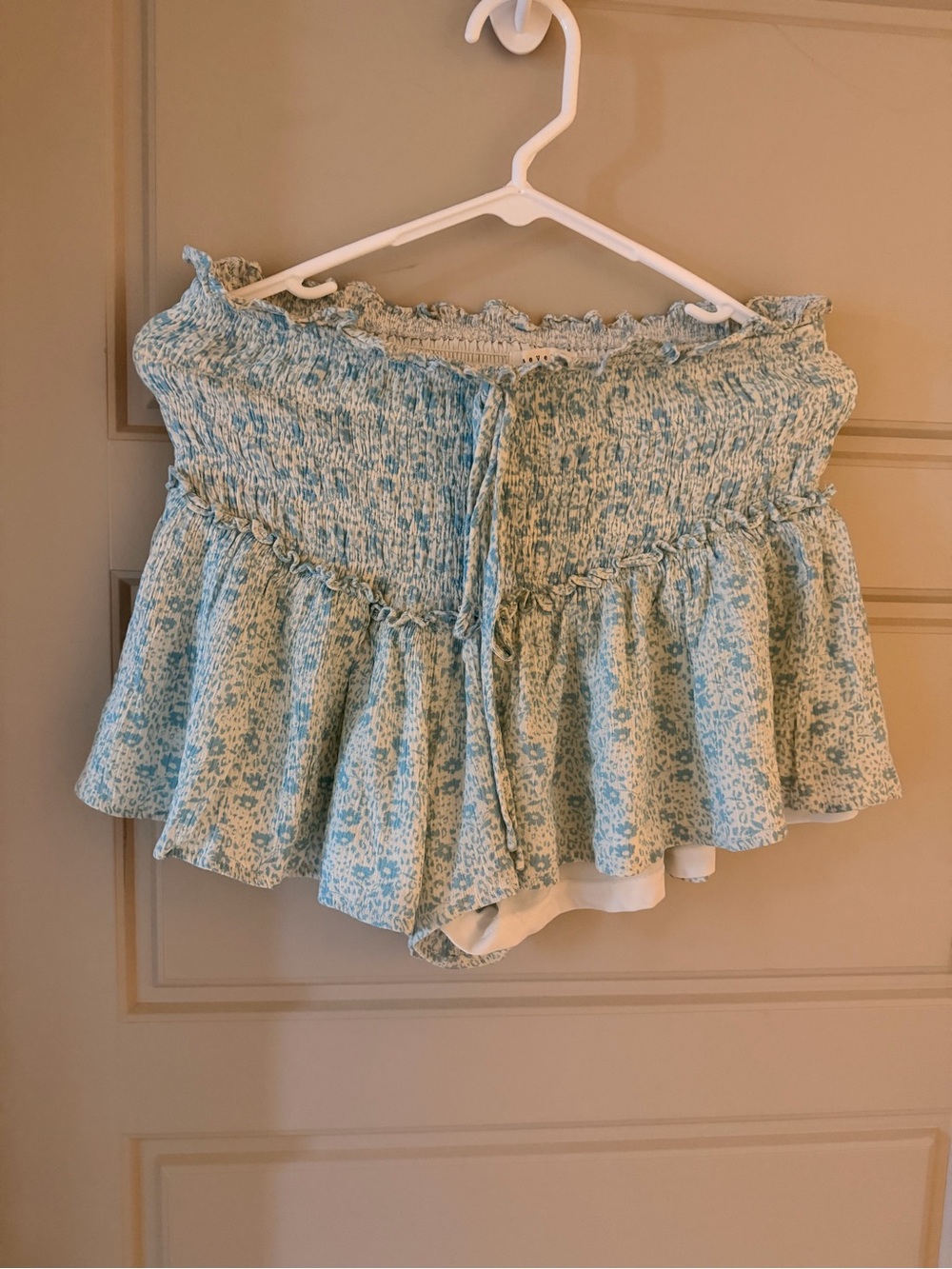 Smocked Ruffle Mini Skort in Light Aqua Floral